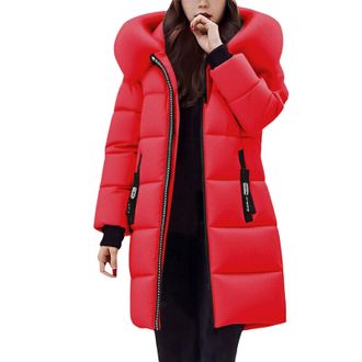 Generic Red Puffer Parka Winter Jacket for Women UK Long Thickened Down Jackets with Fur Hood Thick Waterproof and Windproof Full Zip Thermal Coats Solid Colo