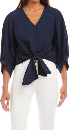 Karen Kane Blouson Sleeve Tie-Front Top In Navy