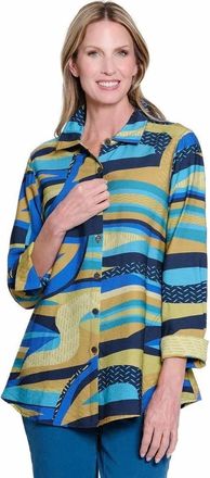Multiples Long Sleeve Blouse In Turqoise / Gold