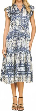 Pinch Design Print Tiered Midi Dress In Dusty Navy