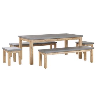 Beliani Conjunto De Jard&iacute;n De Cemento Reforzado Gris Madera De Acacia Clara Mesa De 8 Plazas 2 Bancos 2 Taburetes Para Exteriores Industrial Moderno Ostuni