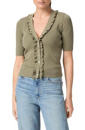 Paige Demetra Ruffle Rib Short Sleeve Cardigan in Laurel at Nordstrom, Size Xx-Small