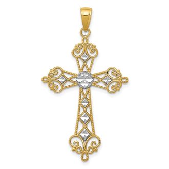 Diamond2Deal 14k Yellow Gold and White Rhodium Diamond-Cut Cut-Out Cross Pendant