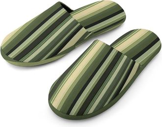 Generic French Ticking Stripe Vertical Green Flannel Mens Slip-on Slippers Winter Warm House Shoes with Rubber Sole for Home Hotel