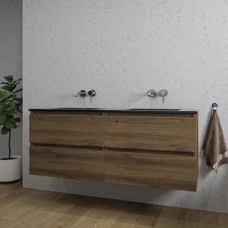 Saniclass Chaci Badkamermeubelset - 140x46x55cm - keramische wastafel zwart - 2 wasbakken - zonder kraangaten - 4 lades - noten