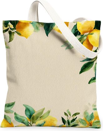 Generic Lemon Floral Canvas Tote Bags, Vintage Elegant Plant Pattern Reusable Grocery Bags, Lightweight Washable Shoulder Strap Can, Beige, 13x15 Inch