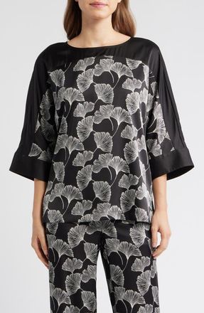 Anne Klein Floral Print Woven Shirt in Black/White/Ivory at Nordstrom, Size X-Small P