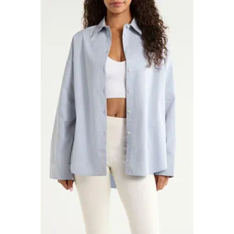 Sweaty Betty Summer Stripe Button-Up Shirt in Navy Blue Pin Stripe at Nordstrom, Size X-Small