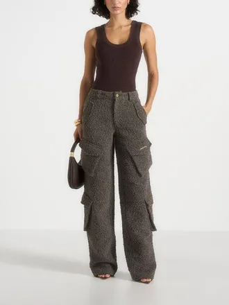 Mani&egrave;re De Voir Anne Textured Boucle Wide Leg Cargo Trousers in Brown at Nordstrom, Size 12