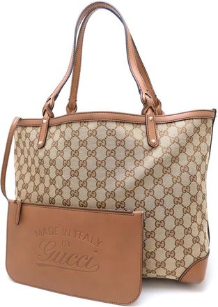 Gucci Gg Canvas Beige Brown Gg Canvas Leather Tote Bag (Pre-Owned)