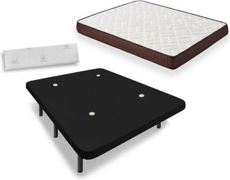 HOGAR 24 Cama Completa - Colch&oacute;n Viscobrown Doble Capa Viscosoft, Altura 15 Cm + Base Tapizada Negra Con Patas De 32 Cm + Almohada Viscoel&aacute;stica, 150x190 Cm