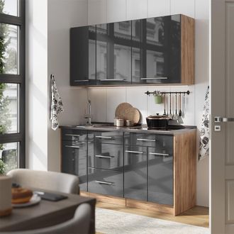 Vicco Cocina Para Solteros Fame-line, Antracita Alto Brillo/roble Dorado, 150 Cm, Et Antracita, Vicco