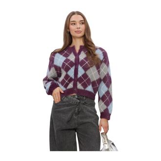 Refined Department Refined Department - Gebreide Cardigan Nomi met ruitpatroon - Dames - Truien - Paars - Maat: S Polyamide