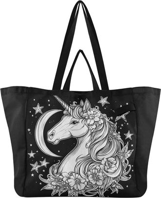 Generic Unicorn Moon Stars Black print Reusable Canvas Tote Bag, Heavy Duty Grocery Shopping Bag with Hard Bottom Double Handles Large Capacity Work Groceries
