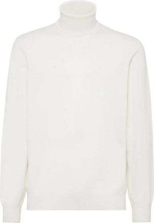Brunello Cucinelli Brunello Cucinelli, Cashmere Knitwear, male, White, Size: 3XL White Cashmere Knit Roll Neck Sweater