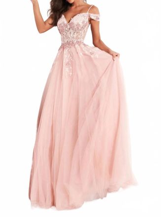Jovani Floral Ornate Corset Tulle Dress In Blush