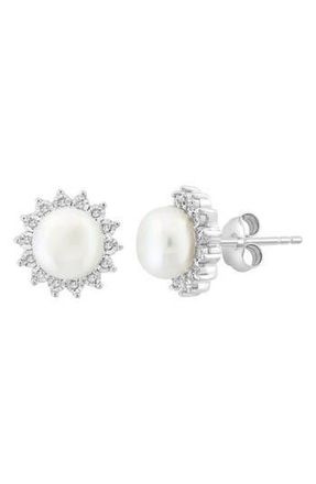Effy Sterling Silver Freshwater Pearl Diamond Halo Stud Earrings in White at Nordstrom Rack