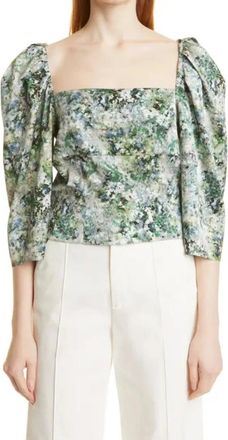 Vince Top Womens Green Painted Floral Puff Sleeve Square Neck Blouse JZZ192