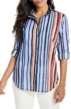 Nic+Zoe Painted Peninsula Stand Collar Cotton Button-Up Shirt in Blue Multi at Nordstrom Rack, Size Xx-Large