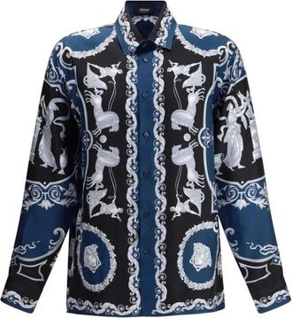 Versace Casual Shirts, male, Blue, Size: L Printed Silk Twill Regular Shirt