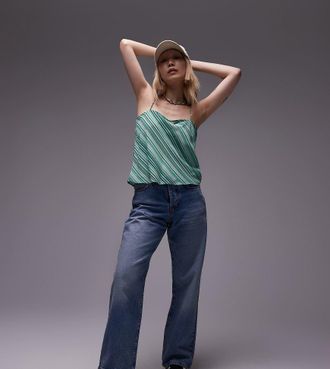 Topshop Petite mid rise loose fit straight jeans in mid blue