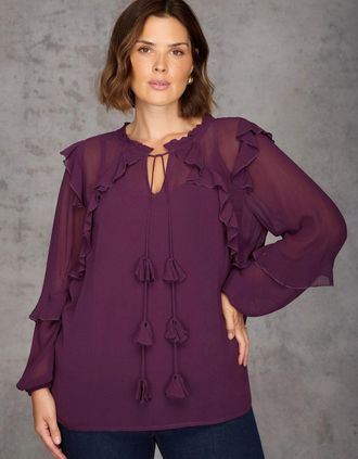Live Unlimited London Womens Plum Ruffle Tie Neck Blouse - Purple - Size: 22