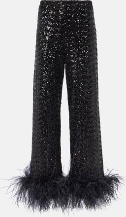 Os&eacute;ree Feather-trimmed embellished wide-leg pants