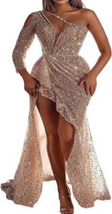 Generic Evening Dresses For Women Sexy, Party Dresses For Women Elegant Glitter Sequins Prom Dresses For Women With High Slit Lightweight Long Sleeve WomenS D