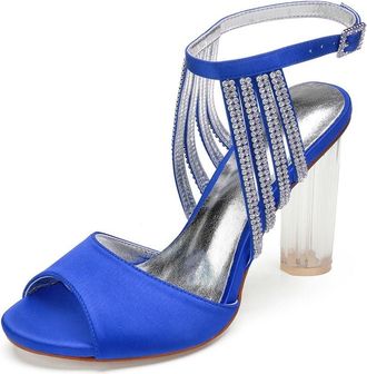 Generic Satin Wedding Bridal Shoes Womens Chunky Heels Open Toe Ankle Strap Heeled Evening Party Dress High Sandals 10.5Cm,Blue,4 UK