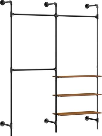 SoBuy Sobuy Portant Mural Industriel - Rack De Ropa En Tubos Fijos Con 3 Barras Y 3 Estantes De Mdf, Armario Abierto Robusto Ahorro De Espacio, Negro, Kls18