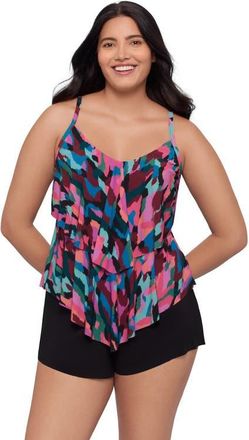 Trimshaper Ronnie 2 Tier Ruffle Tankini Swimsuit Top in Collage Patch at Nordstrom, Size 14