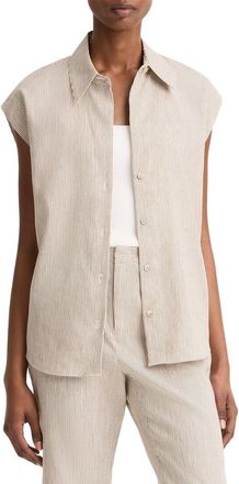 Vince Ticking Stripe Cap Sleeve Linen-Blend Blouse