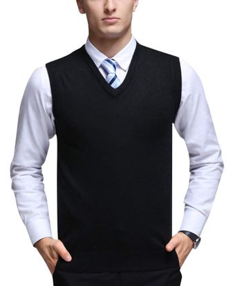 Yonglan Mens Plain Knitted Vest Jumper V-Neck Sleeveless Slipover Knitwear Sweater Tank Tops Black XXL