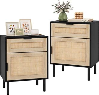 Costway Set di 2 Comodini con Cassetto e Anta, Tavolini in Rattan Stile Boh&eacute;mien Salvaspazio, Mobiletto Armadietto per Camera da Letto, Soggiorno e
