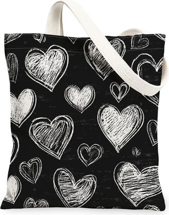 Generic Heart Pattern Canvas Tote Bags, Chic Sketch Design Reusable Grocery Bags, Stylish Lightweight Washable Shoulder Strap Canvas for Shopping, Travel, Bea