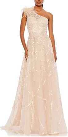 Mac Duggal Embellished One-Shoulder A-Line Gown with Feather Accent in Peach at Nordstrom, Size 14