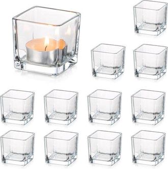 No Brand Juego De 12 Portavelas De Cristal Transparente Para Velas Peque&ntilde;as - Portavelas Cuadrados - Portavelas Navide&ntilde;os Para Velas Peque&ntilde;as (lote) - Decoraci