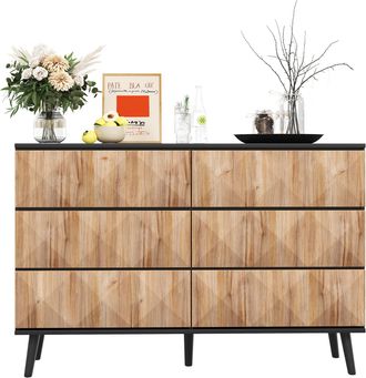 STILVORA Aparador Con 6 Cajones, Frentes En Relieve Y Tiradores Ocultos, Estilo Moderno, En Mdf, Negro Y Natural, 120&times;40&times;85 Cm