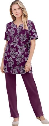 Roaman's Plus Size Soft Knit Print Tunic With Notch Neckline in Berry Rose Floral at Nordstrom, Size Medium