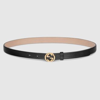 Gucci Thin Belt With Interlocking G Buckle, Black, Leather