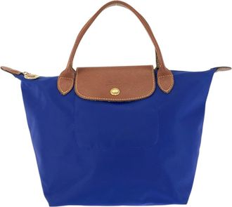 Longchamp Blue Brown Nylon Leather Handbag Tote Bag (Pre-Owned)