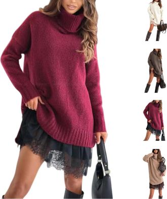 Generic Womens Turtleneck Sweater Dress Set with Lace Trim, Soft Knit and Slip Dress Combination (Burgundy, M)