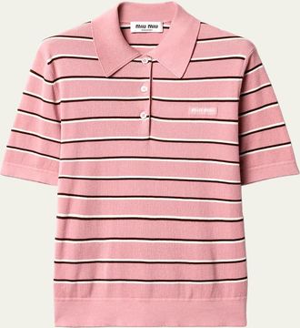 Miu Miu Striped Cotton Knit Short-Sleeve Polo Shirt