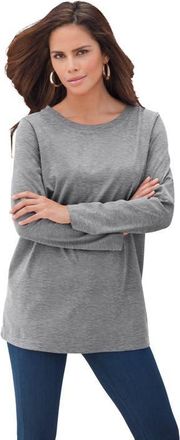Roaman's Plus Size Ultimate Cotton Crewneck Long Sleeve Tee in Medium Heather Grey at Nordstrom, Size Small