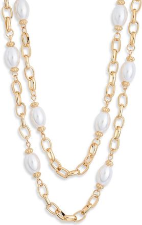 Nordstrom Rack Faux Pearl Station Chain Layered Necklace in White- Gold at Nordstrom Rack