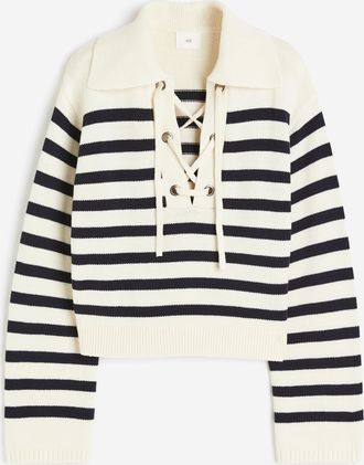 H&M Pullover mit Kragen und Schn&uuml;rung - Cremefarben/Blau Gestreift