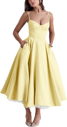 Generic Cocktail Dresses for Women,Sexy Spaghetti Straps Dresses,Womens Club and Night Out Dresses Flowy Midi Dress (Yellow,M)