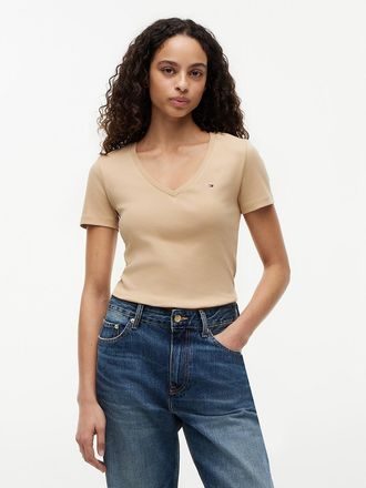 Tommy Hilfiger Womens V-Neck Favorite T-Shirt - Beige - XXL