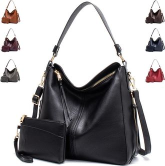 Generic Vintage PU Vegan Leather Handbags and Purse Sets for Women Fashion Tote Hobo Bags Shoulder Satchel Handbag Zip Wallet, B-black