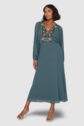 Wallis Embellished Balloon Sleeve Midi Dress in Green at Nordstrom, Size 12